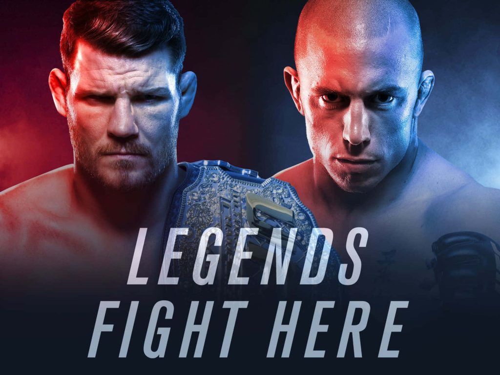 UFC 217 poster with Michael Bisping champion belt red light Georges St-Pierre blue light legends fight Wallpaper