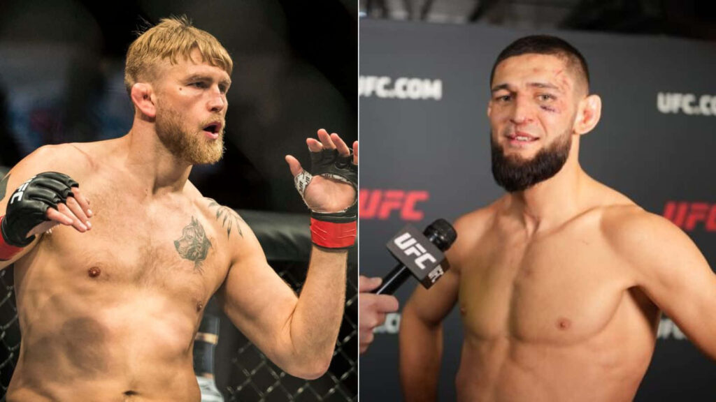 UFC fighters Alexander Gustafsson and Khamzat Chimaev in intense fighting stances wallpaper background
