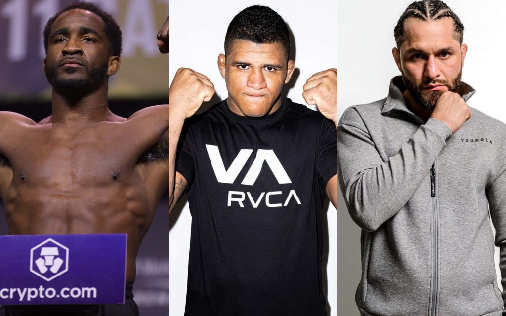 UFC fighter collage wallpaper with Geoff Neal Gilbert Burns and Jorge Masvidal intense focus