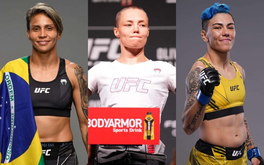 Triptych UFC fighters wallpaper featuring Amanda Lemos showcasing strength determination octagon