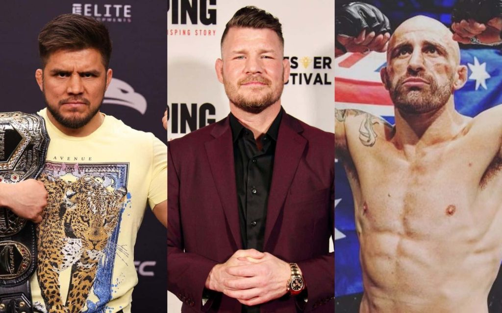 UFC tribute wallpaper with Henry Cejudo belt Michael Bisping maroon suit Volkanovski Australian flag