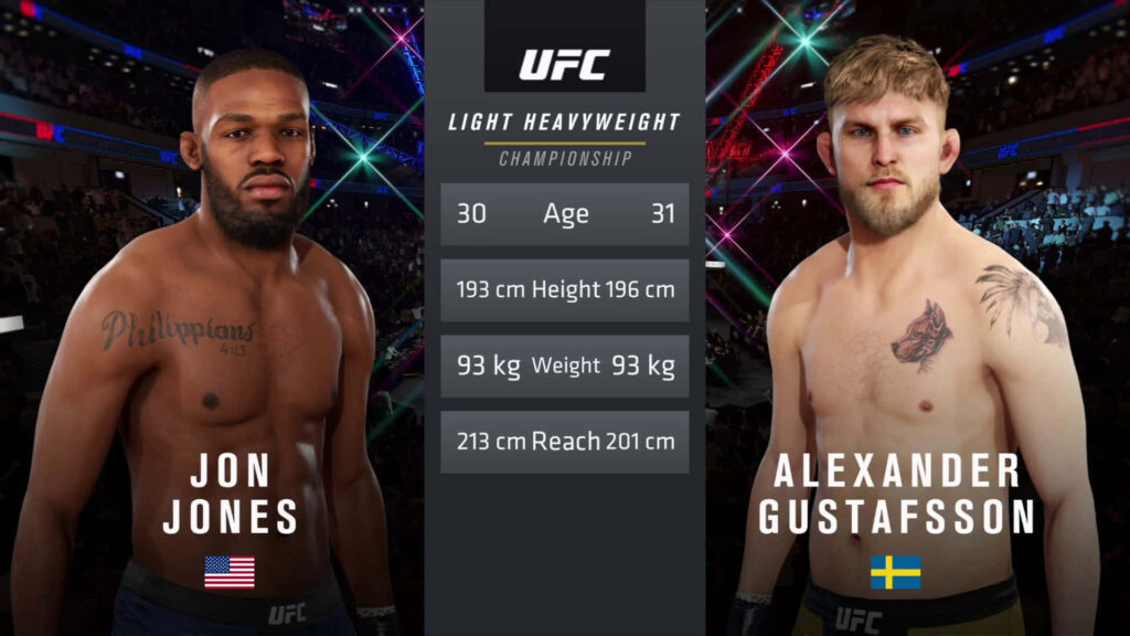 UFC video game face-off Jon Jones vs Alexander Gustafsson with stats in dynamic arena wallpaper