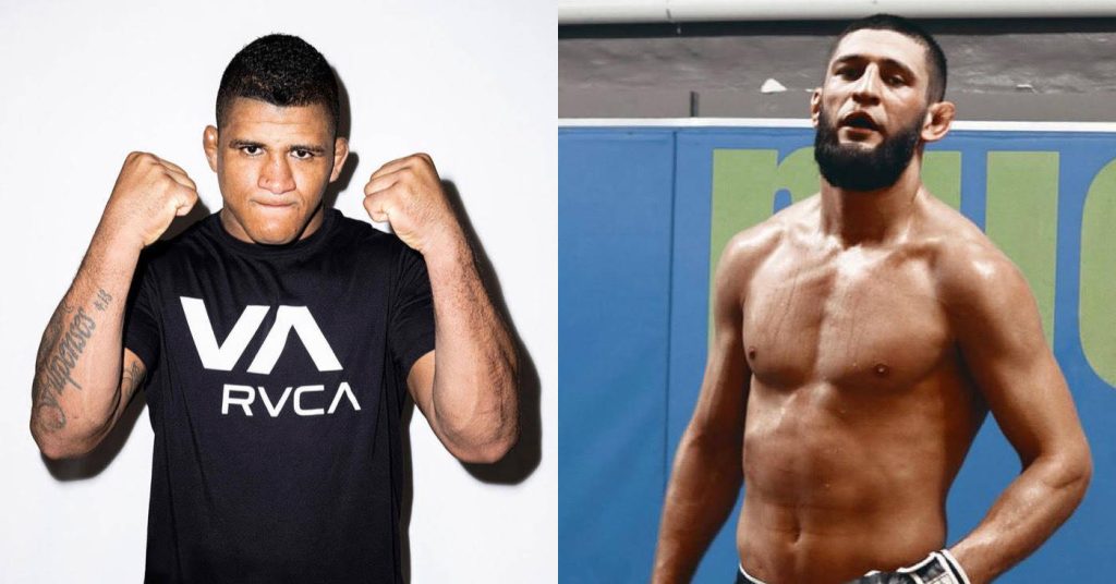 UFC wallpaper of MMA fighters Gilbert Burns in black tee and shirtless Khamzat Chimaev intense pose