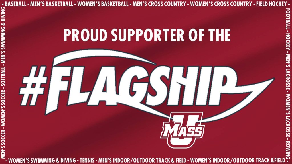 UMass digital wallpaper maroon background with Flagship hashtag Minutemen sports teams border