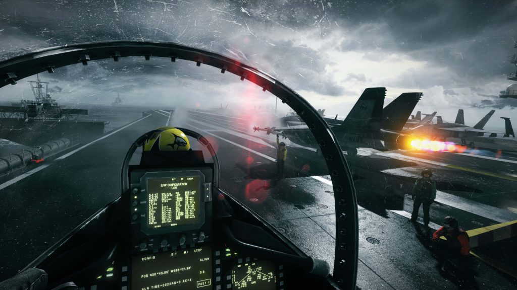 POV cockpit view on rain-slicked US Navy aircraft carrier deck near F/A-18 Hornet with afterburner Wallpaper