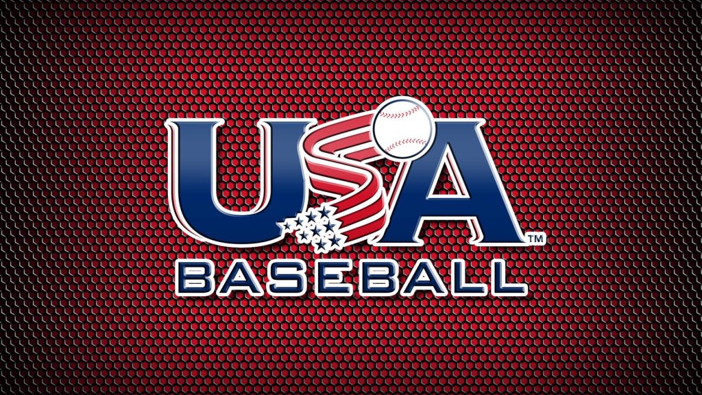 USA Baseball logo with baseball on dark red metallic mesh background wallpaper design