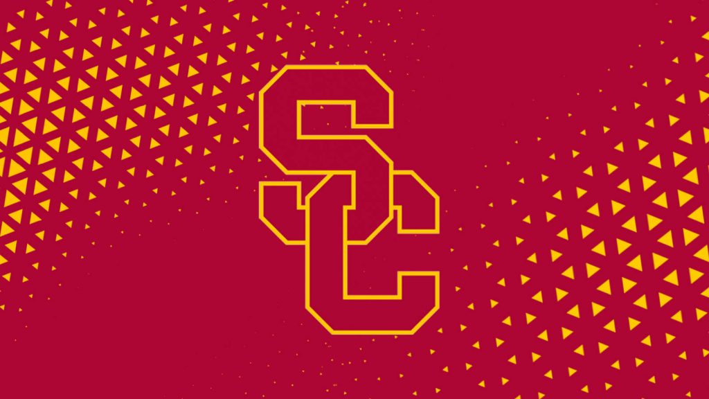 USC Football wallpaper with gold SC logo on cardinal red background and yellow halftone pattern