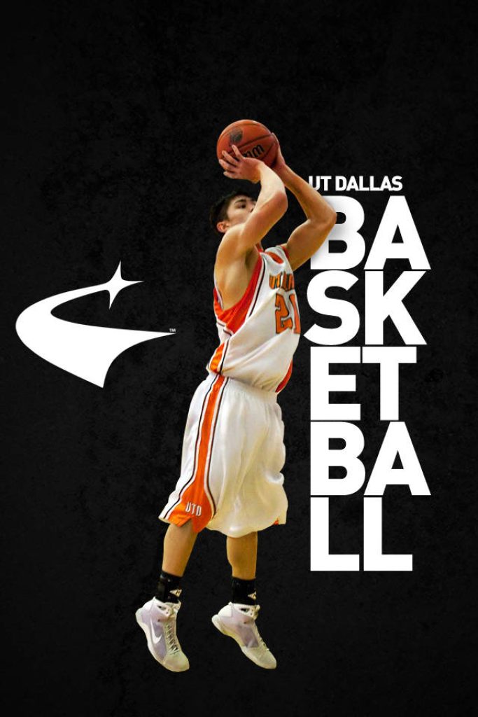 UT Dallas basketball player in white orange uniform shooting jump shot on black background wallpaper