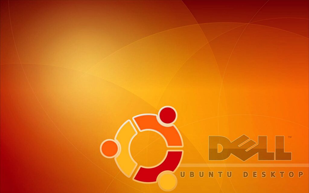 Ubuntu Desktop wallpaper with warm orange yellow gradient and Dell and Ubuntu logos