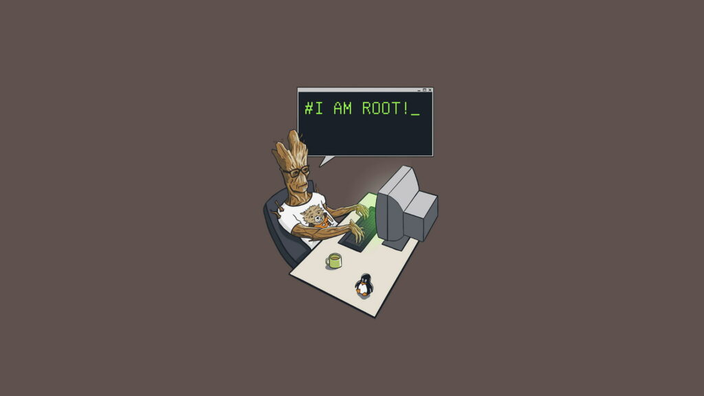 Humorous Groot coding Linux wearing Rocket Raccoon shirt with Tux penguin and coffee mug wallpaper