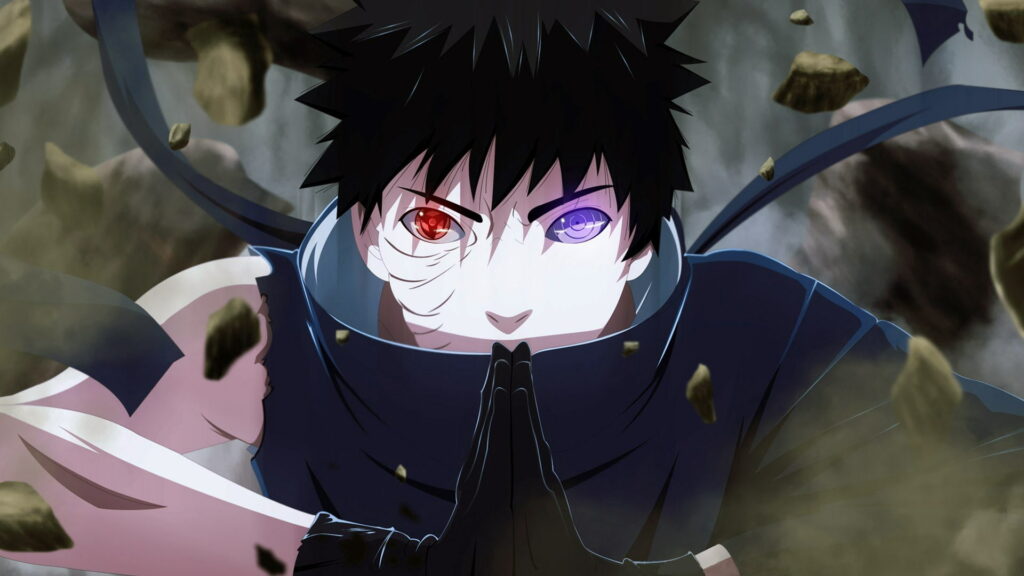 Obito Uchiha Naruto wallpaper with red Sharingan purple Rinnegan mid-jutsu battle debris background