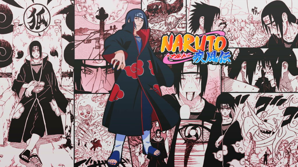 Itachi Uchiha Naruto Shippuden wallpaper collage in red black white Akatsuki cloak anime art