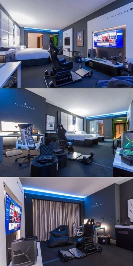Alienware gaming hotel room with high-end PCs chairs blue LED lighting futuristic luxury design Wallpaper