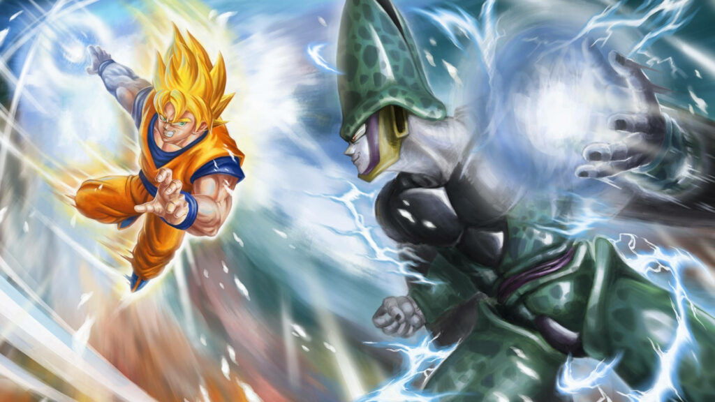 Explosive Clash: Goku's Epic Battle with Cell in Dragon Ball Z's 4K Ultra HD Splendor Wallpaper