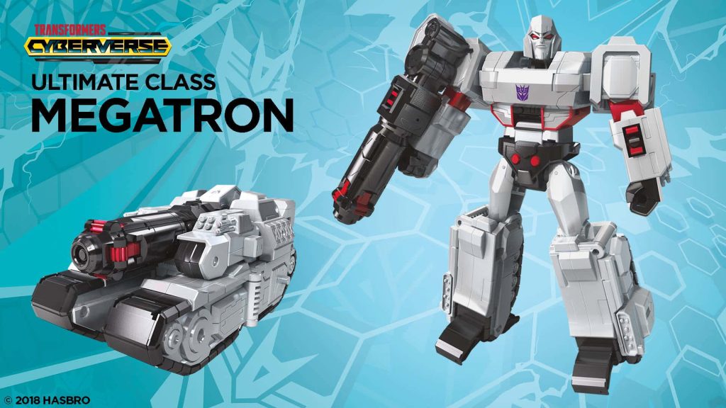 Transformers Cyberverse Ultimate Class Megatron in robot and tank modes on blue background Wallpaper