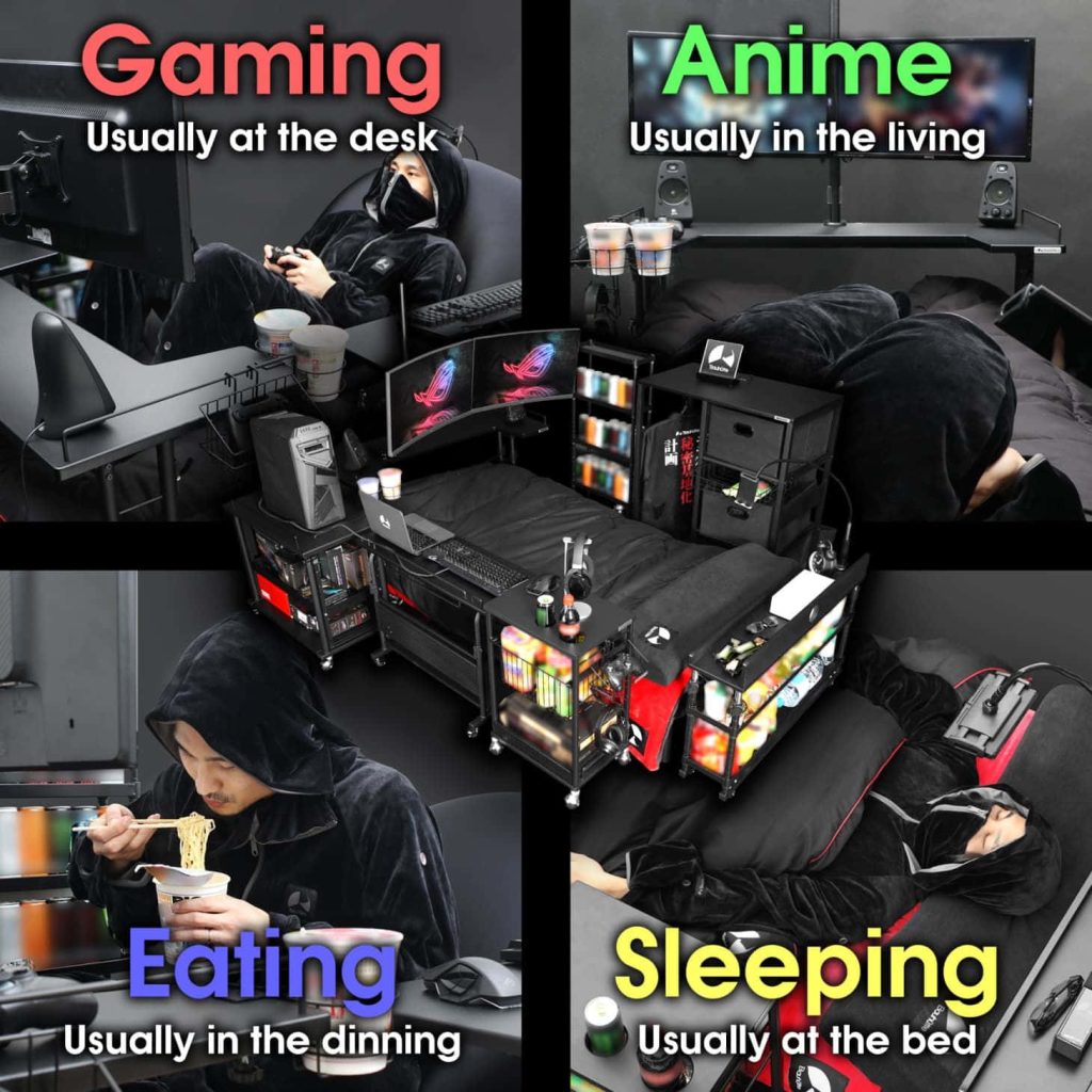 Dark gaming setup wallpaper with modular bed dual ROG monitors snack storage anime lounge