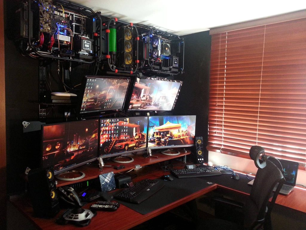Ultimate gaming room wallpaper with five-monitor setup and wood-grain retro-modern desk
