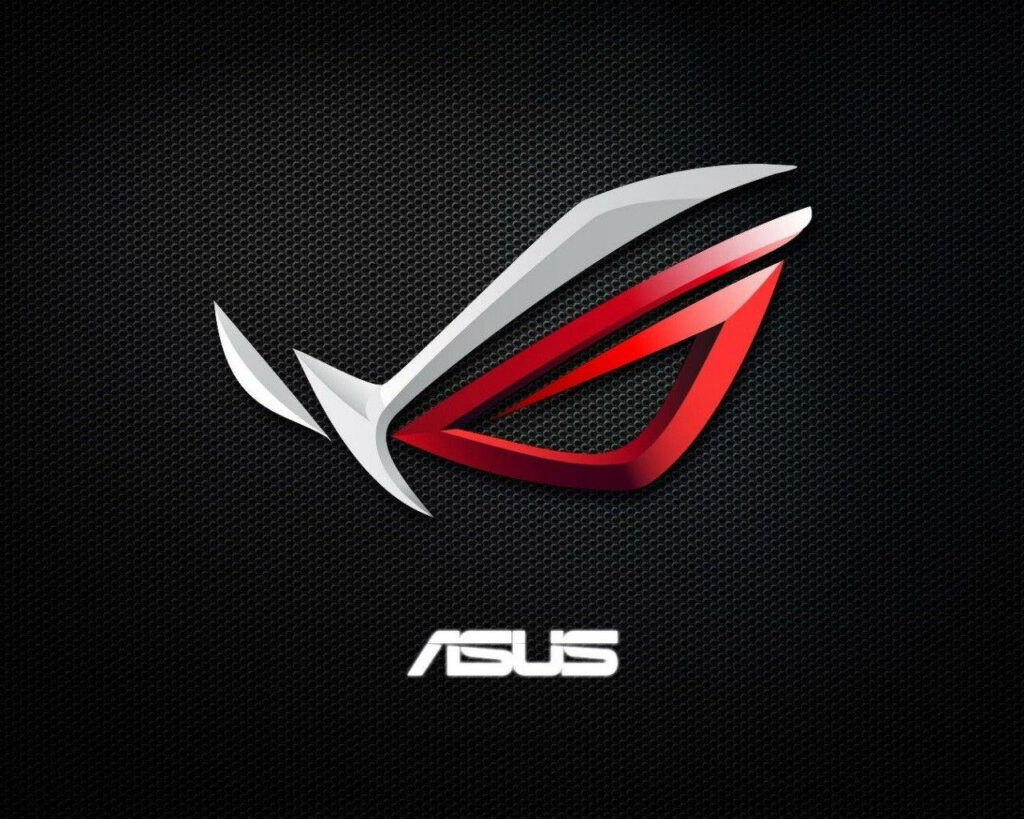 ASUS ROG logo wallpaper in silver and red on textured black and red background