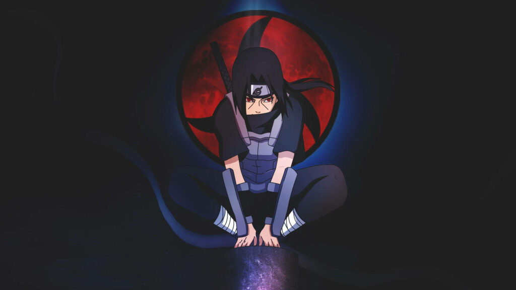 Itachi Uchiha ANBU wallpaper dark anime art glowing red Sharingan eyes crimson background