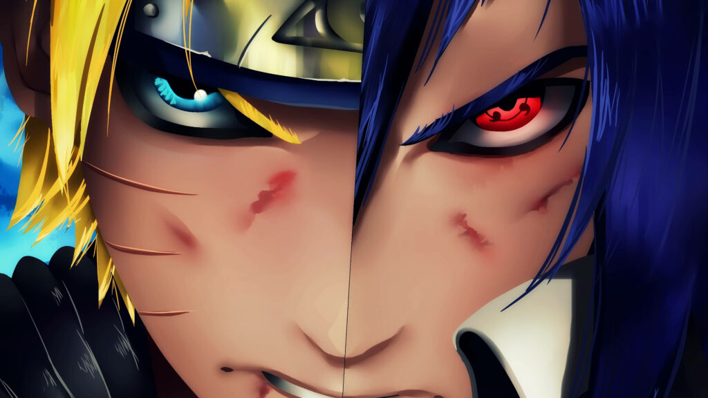 Naruto vs. Sasuke: The Clash of Intense Gazes in Stunning 4K PC Fanart Wallpaper