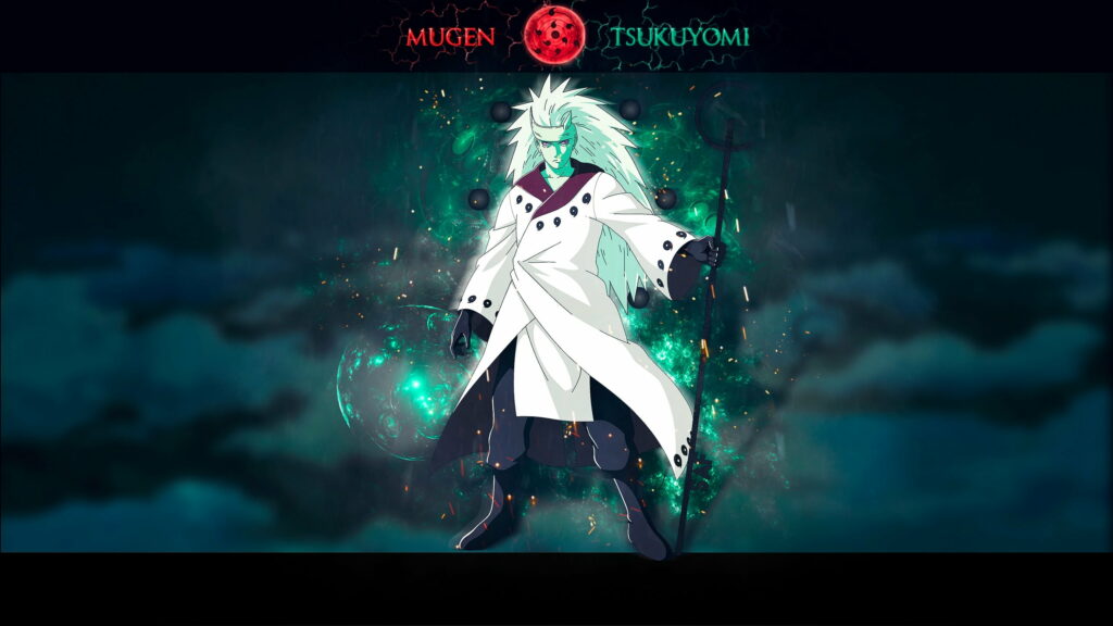 Madara Uchiha Six Paths Sage Mode QHD wallpaper green aura Mugen Tsukuyomi black rods staff
