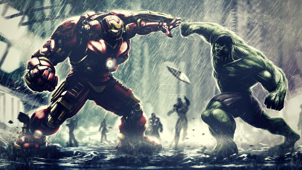 Hulk vs. Robot: Epic Battle Amidst the Sentinels - Marvel Avengers Combat Visual Wallpaper