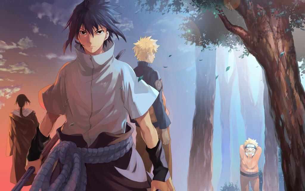 Determined Sasuke Uchiha Gazing at Itachi, with Young Naruto on the Horizon: Uchiha Clan Remembrance Snapshot Wallpaper