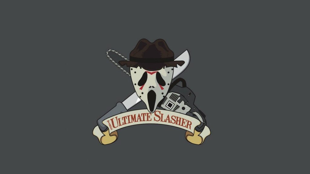 Minimalist horror wallpaper with Ghostface mask Freddy Krueger fedora and chainsaw icon vector