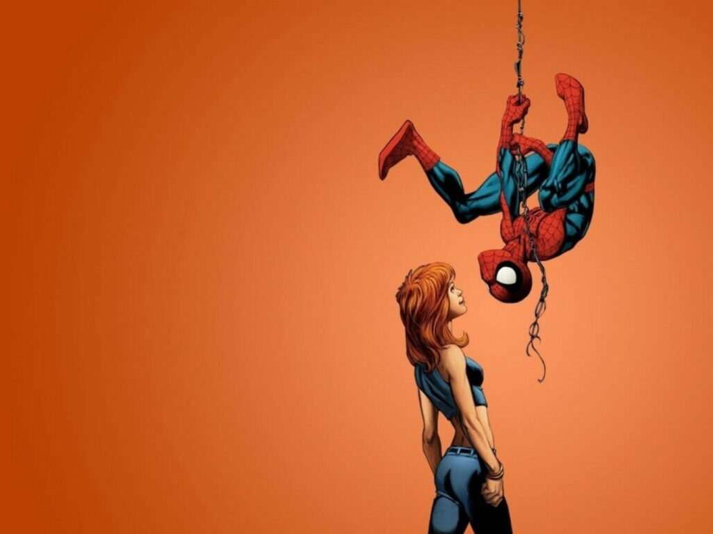 Ultimate Spiderman hanging upside down facing woman on web vibrant orange Marvel Comics wallpaper