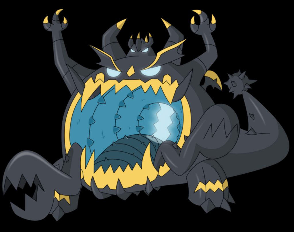 Ultra Beast Guzzlord with glowing blue mouth and sharp claws intense dark Pokémon wallpaper
