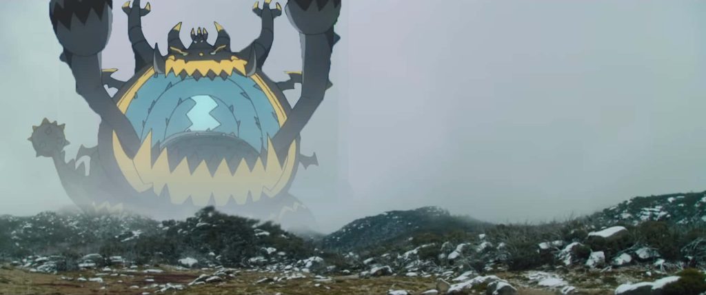 Ultra Beast Guzzlord over snowy mountains foggy tundra anime style wallpaper background winter