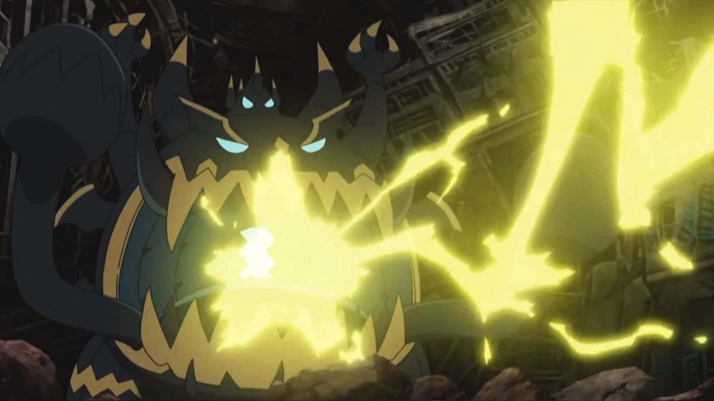 Ultra Beast Guzzlord unleashes yellow energy attack in ruined wasteland Pokémon anime wallpaper