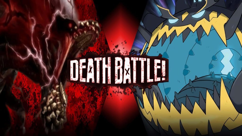 Intense Death Battle wallpaper featuring Ultra Beast Guzzlord versus Carrion horror creature duel