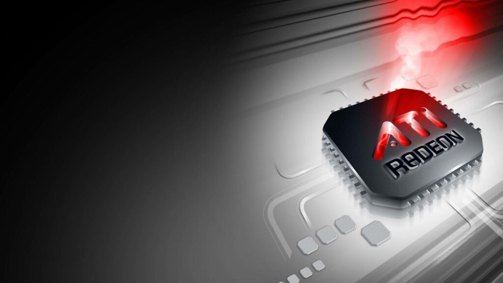 Silver circuit board with glowing ATI Radeon chip and red light effect in 4K AMD graphics wallpaper