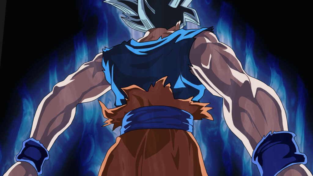 Ultra Instinct Goku wallpaper glowing blue energy bold outline dramatic shading anime background