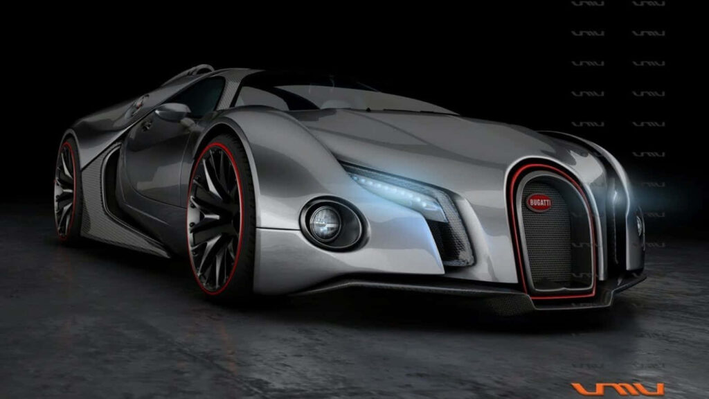 Ultra-modern silver Bugatti supercar with futuristic headlights and distinctive grille on wallpaper