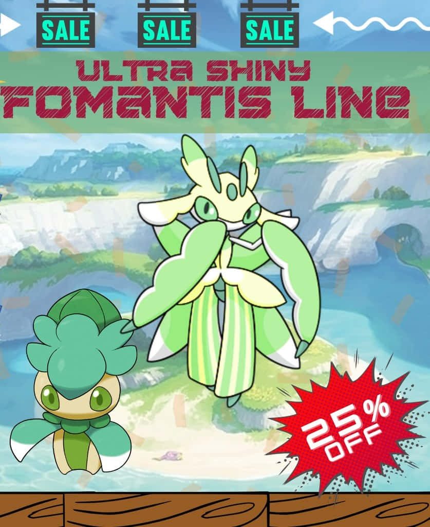 Digital Pokémon poster with Ultra Shiny Fomantis and Lurantis 25 percent off vibrant sale flyer Wallpaper