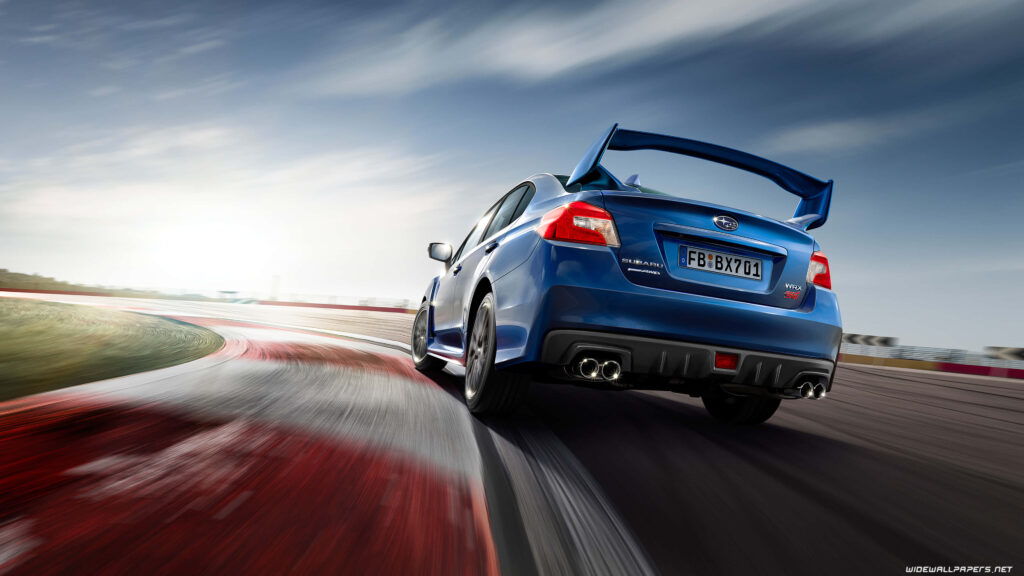 Ultra wide 4K wallpaper blue Subaru WRX STI racing sharp track curve dynamic car background