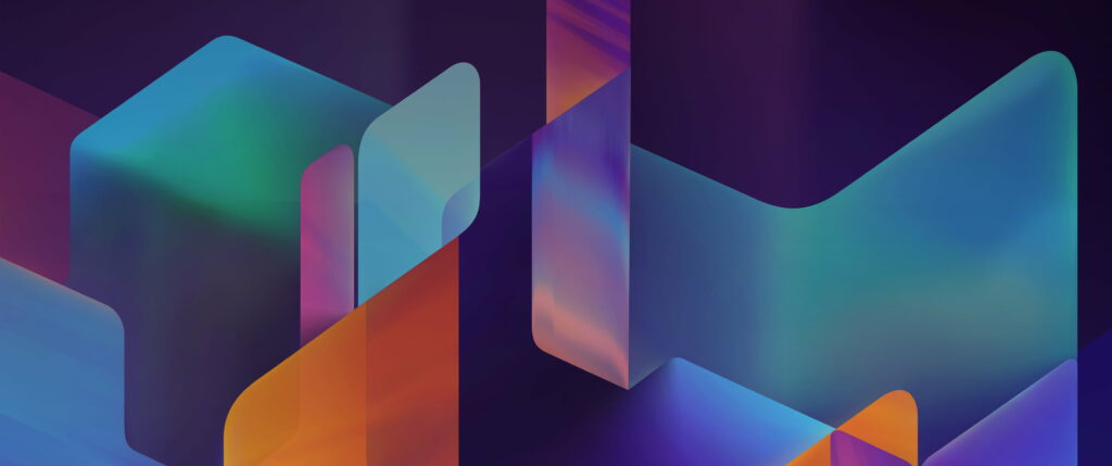 Ultrawide abstract wallpaper with layered translucent blue orange magenta shapes and glassmorphism design