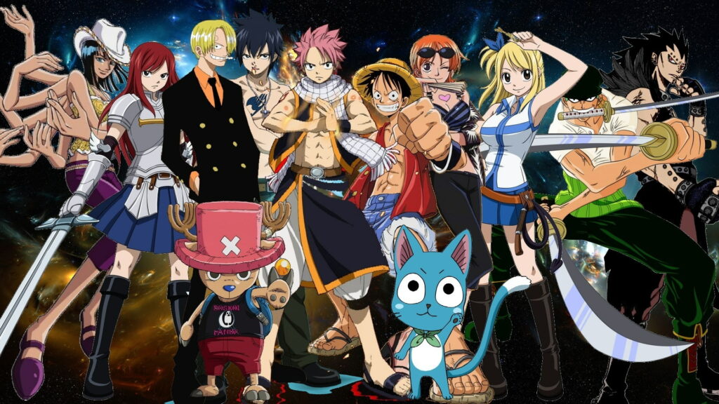 Two Worlds Collide: Luffy and Natsu in a Fairy Tail Adventure Wallpaper