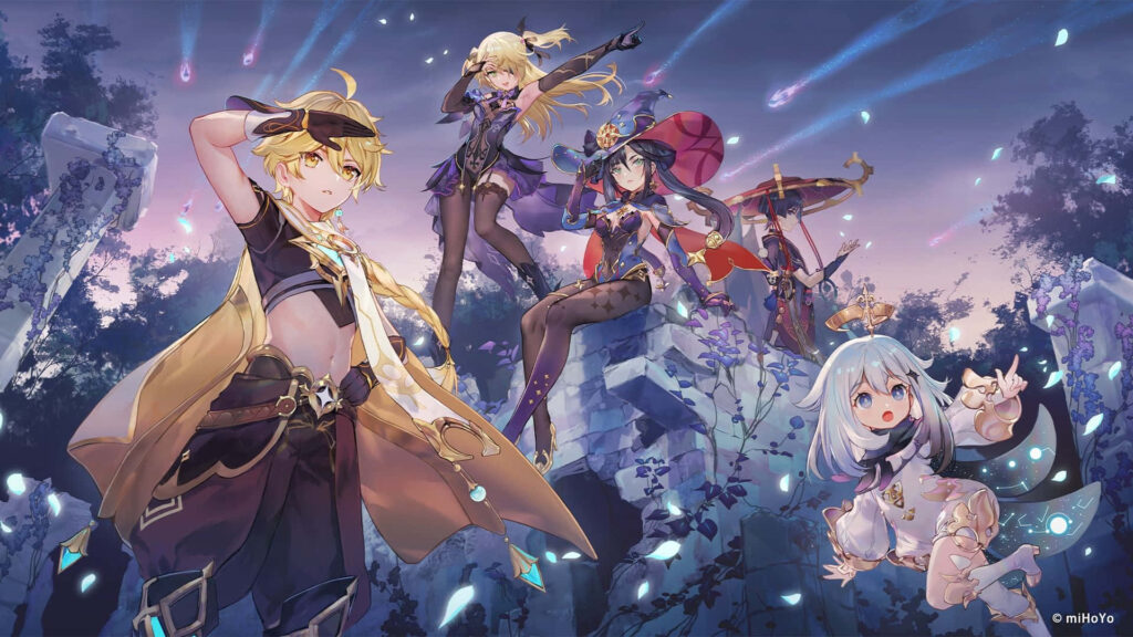 Stylish Heroines Rock In Inazuma: A Spectacular Genshin Impact Scene Wallpaper