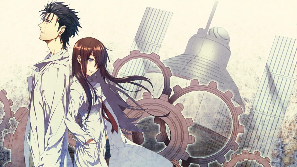 Love Blooms within the Time Machine: Steins Gate's Makise and Okabe Embrace as Lovers Fuse Science and Romance Wallpaper