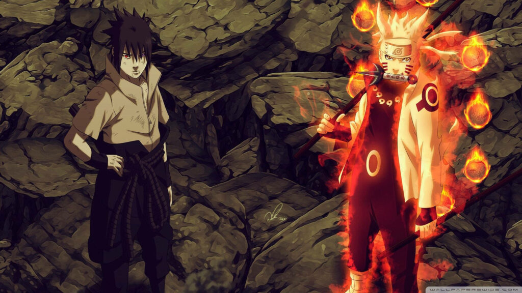 Melancholic Encounter: Naruto and Sasuke, Soulful Gaze in Naruto Shippuden's Emotive Scene Wallpaper