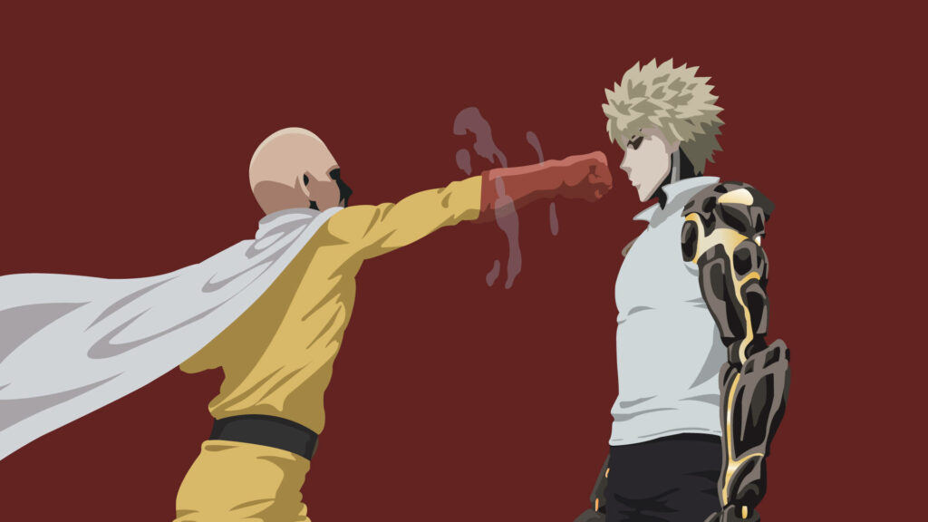 Saitama and Genos in Intense Sparring Match on Red Background Wallpaper