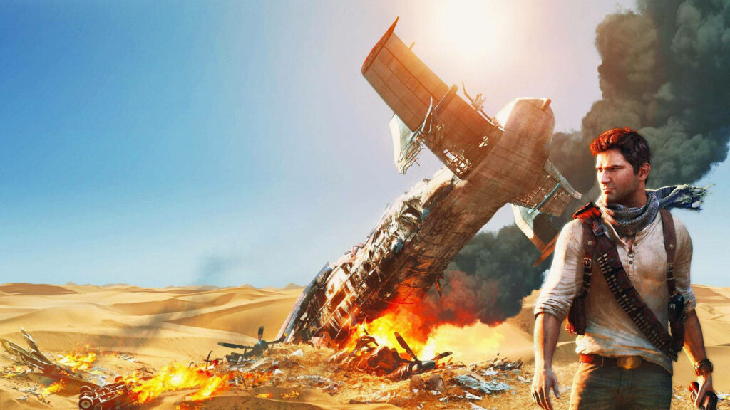 Epic Nathan Drake Wallpaper: Desert Adventure & Wrecked Plane Background
