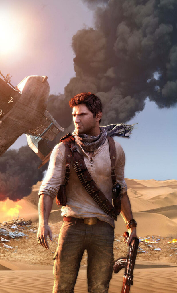 Uncharted Wallpaper: Nathan Drake in Desert Airplane Crash Scene
