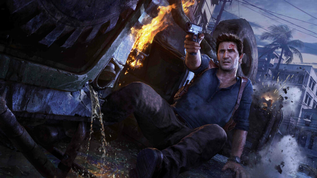 Uncharted Wallpaper: Nathan Drake in Action Amidst Urban Chaos
