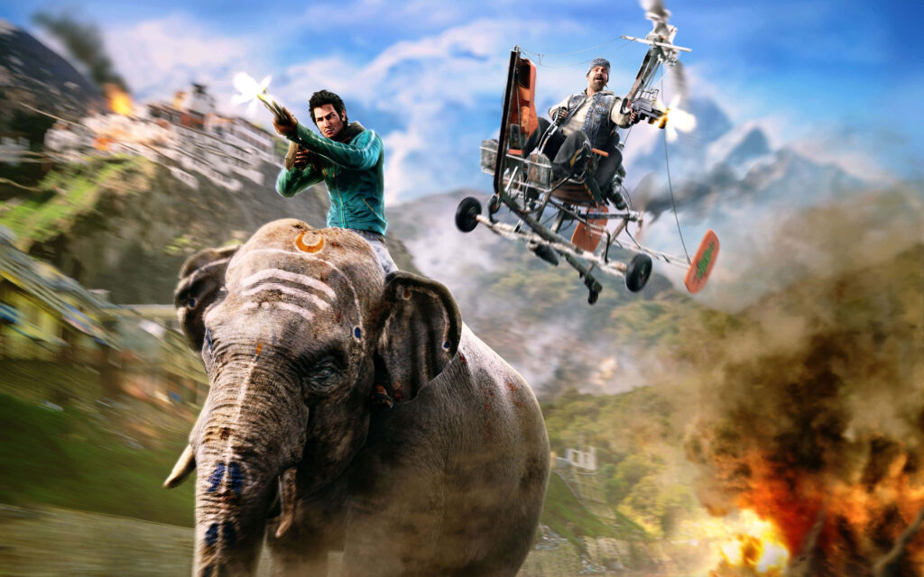 Far Cry 4 Action Scene: Ajay Ghale on Elephant with Hurk in Gyrocopter - Explosive Mountain Landscape Wallpaper in QHD 2K 2880x1800 Resolution