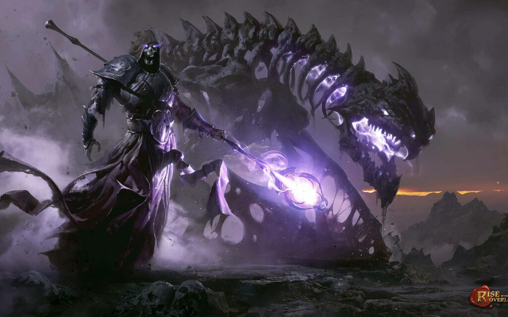 Dark Undead Overlord with Luminous Dragon - Mystical Wallpaper Background