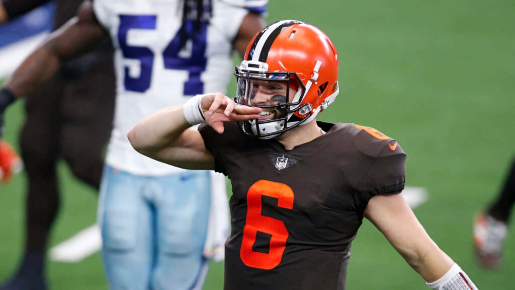Baker Mayfield Cleveland Browns wallpaper celebrating on field energetic determined play style